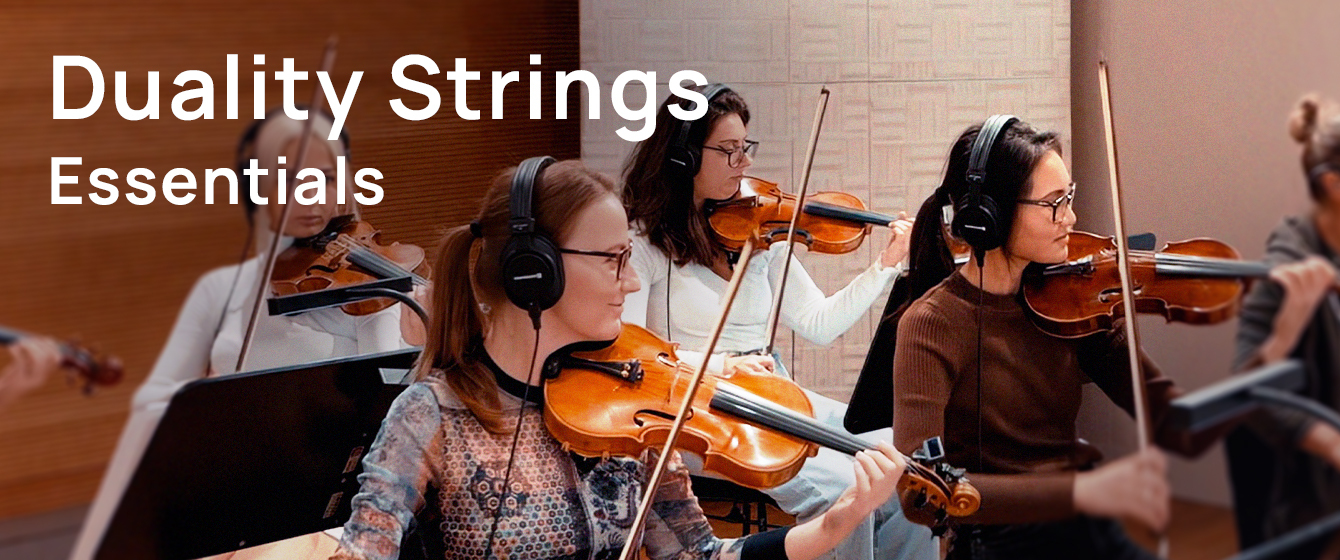 Diverse group of musicians wearing headphones, playing violins and other string instruments in a recording studio, with the text Duality Strings Essentials overlaid.