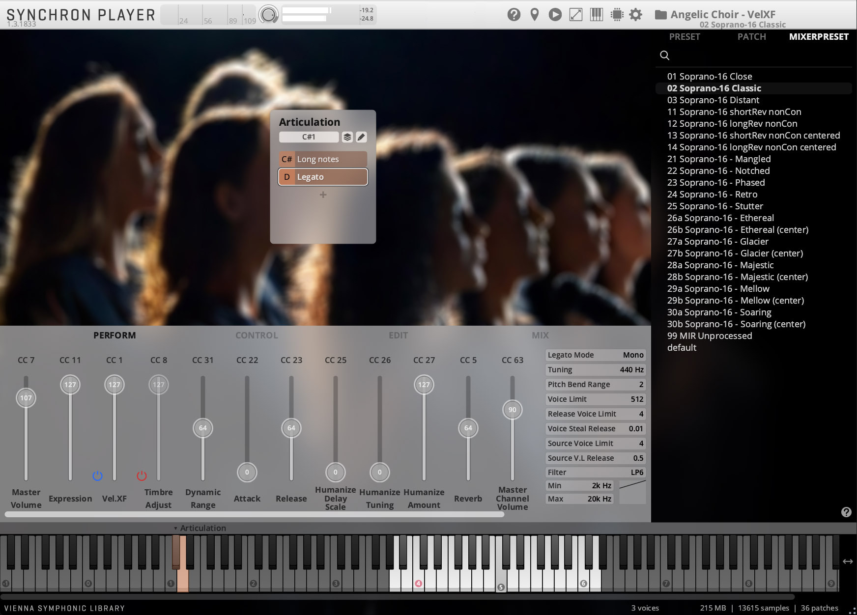 Screenshot of the Synchron Player software showing the user interface for the Angelic Choir - VelXF instrument preset with Soprano-16 Classic selected, displaying articulation options for long notes and legato, numerous control parameters, and a virtual piano keyboard.