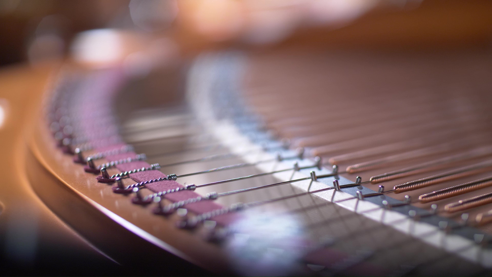 Close-up of piano harp showing metallic strings, red felt dampeners, and tuning pins inside the instrument.