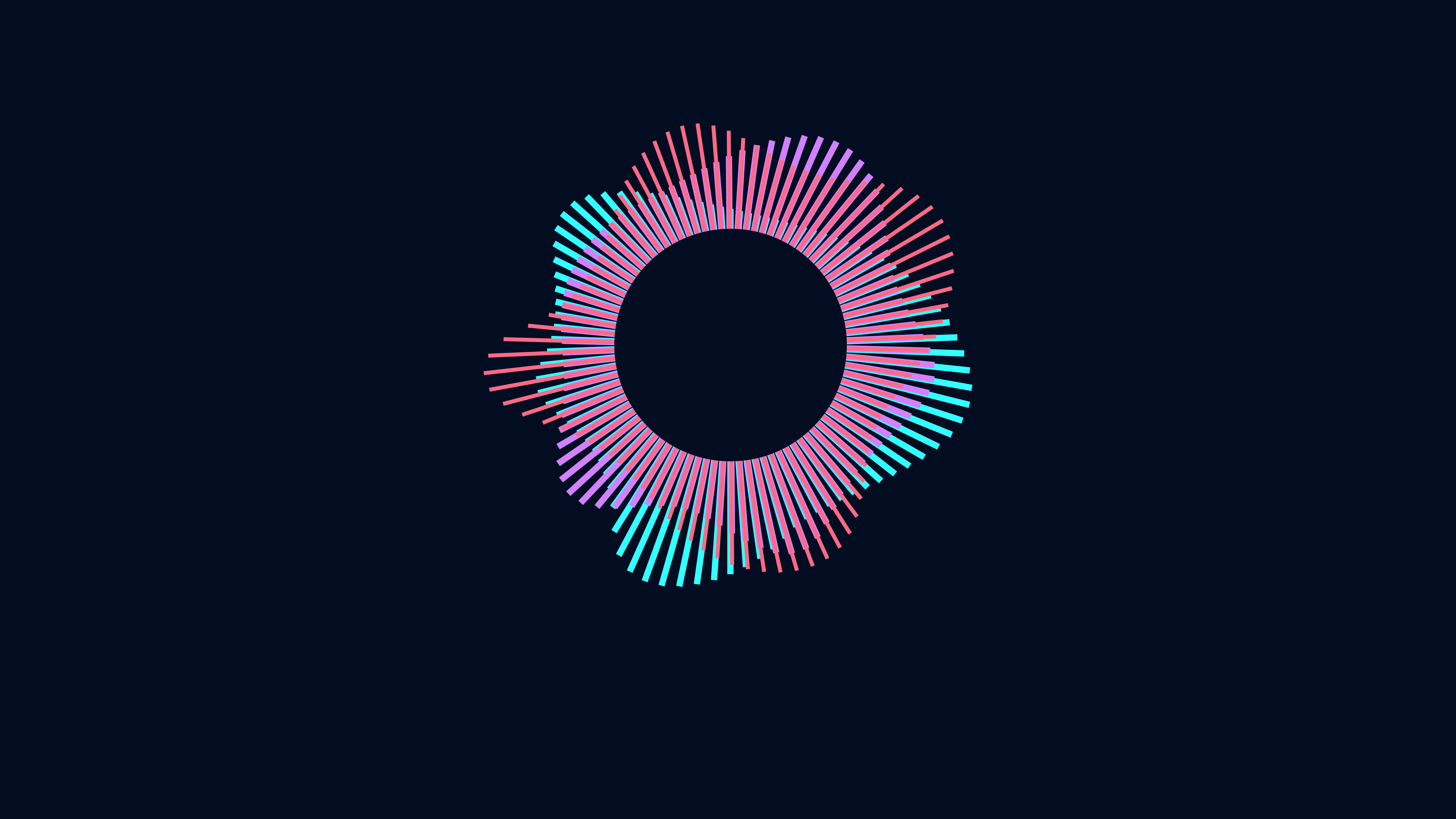 Abstract sound visualizer with vibrant pink, purple, and blue bars forming a circular pattern, representing the Big Bang Orchestra Bundle.