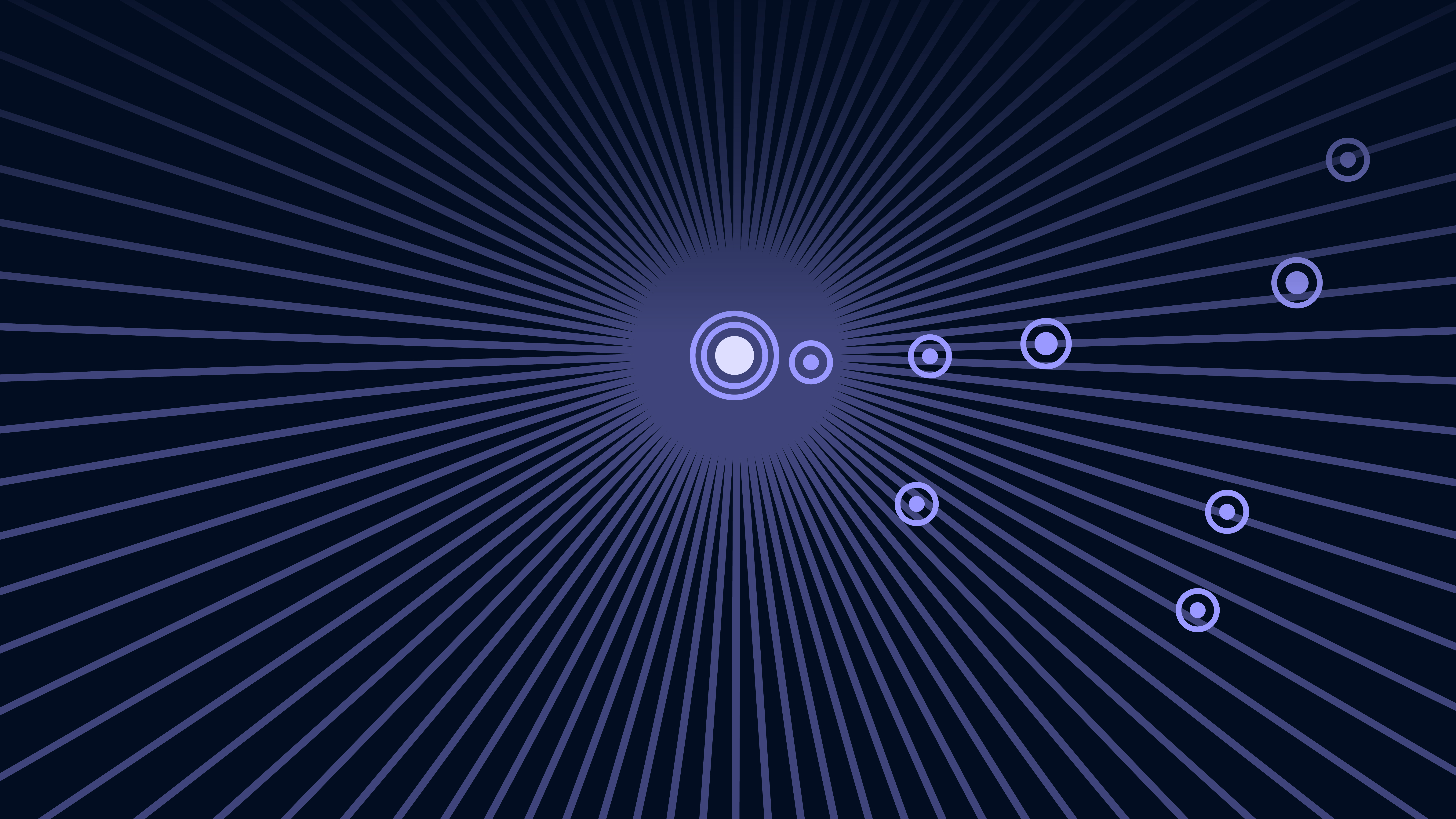 Abstract dark blue background with radial violet lines and floating violet circles, suggesting sound waves or ambient music.