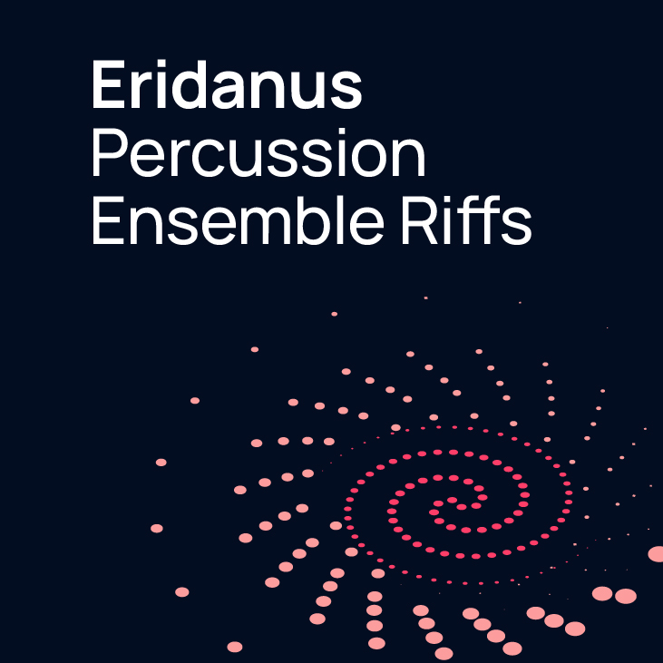 Eridanus Percussion Ensemble Riffs album cover featuring white text on a dark blue background with a pink spiral pattern of dots