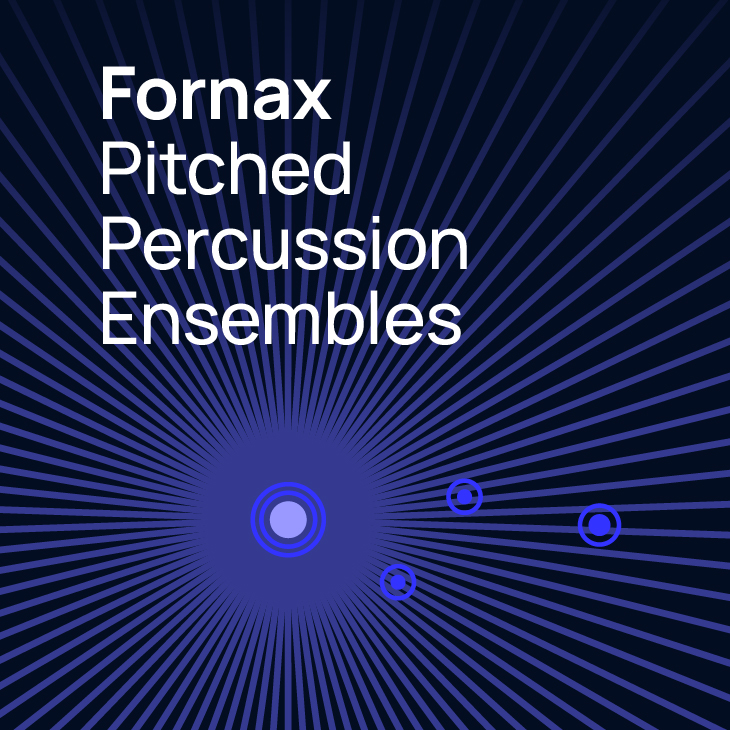 Fornax Pitched Percussion Ensembles album cover art with abstract blue and black sunburst design and minimalist circles