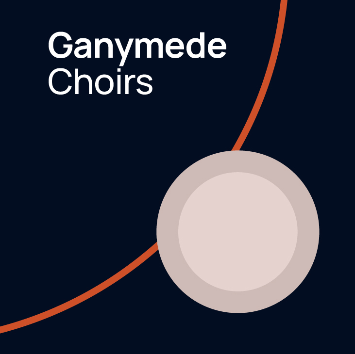 Ganymede Choirs logo with white text on a dark blue background, an orange curved line, and a light-colored circle with a lighter inner circle.