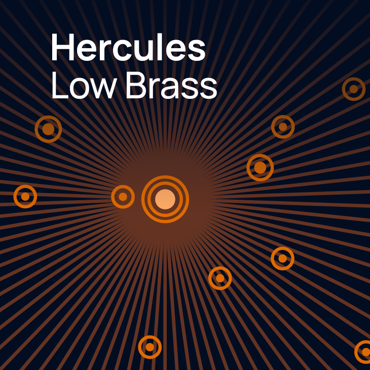 Hercules Low Brass. Abstract graphic with white text Hercules Low Brass, orange and dark orange circles, and radiating brown lines on a dark blue background.
