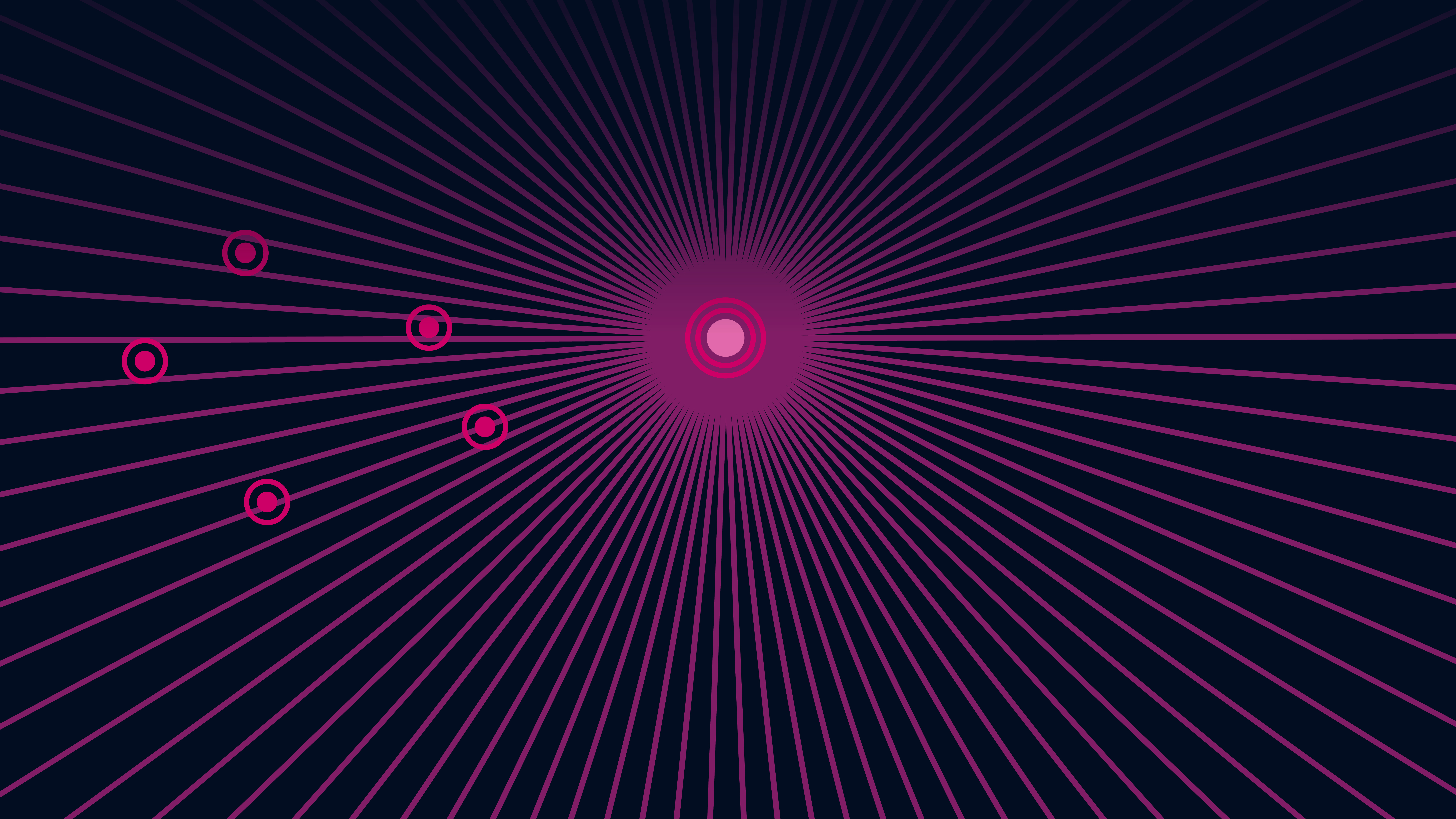 Abstract image showing a central magenta circle radiating thin lines across a dark blue background, with four smaller magenta circles aligned to the left, representing ambient recording and low brass clusters for BBO: Izar.