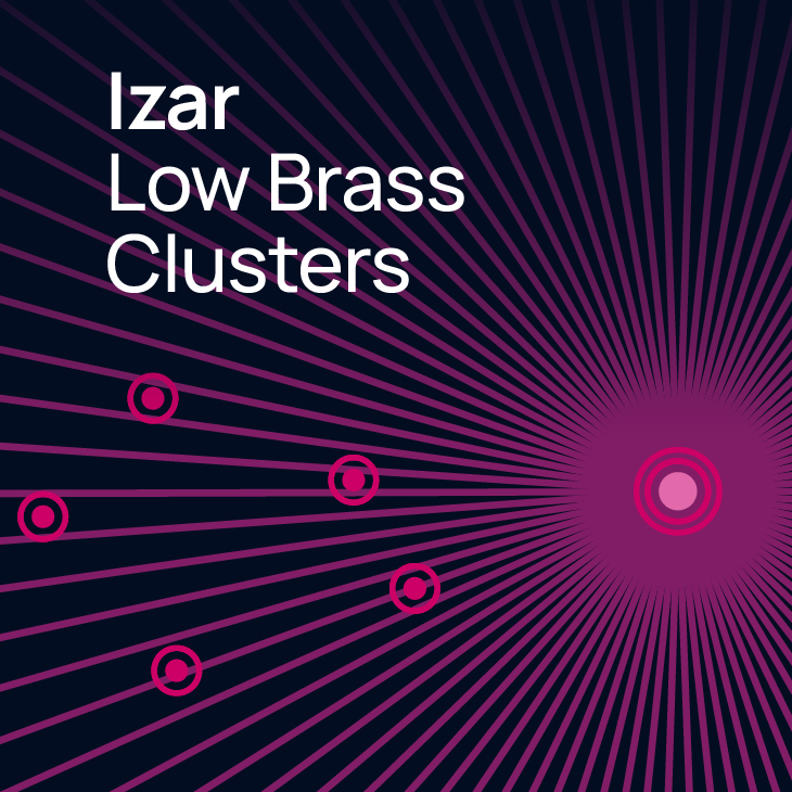 Abstract dark blue and pink graphic with text Izar Low Brass Clusters and radial lines emanating from a central pink circle, surrounded by smaller pink circle targets.