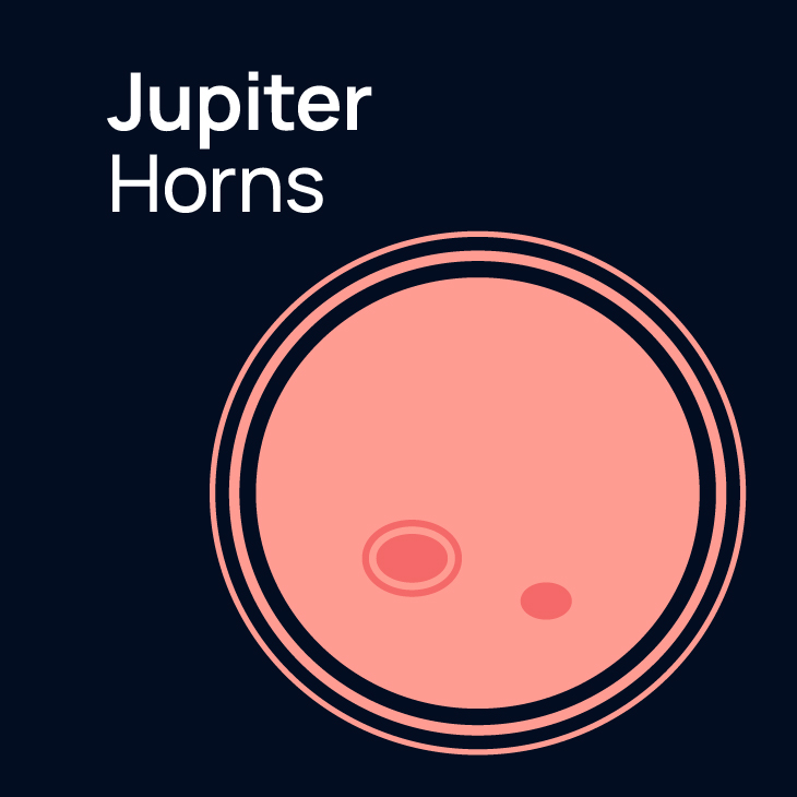 Illustration of an orange planet, possibly Jupiter, with two small moons or craters, and the text Jupiter Horns on a dark blue background.