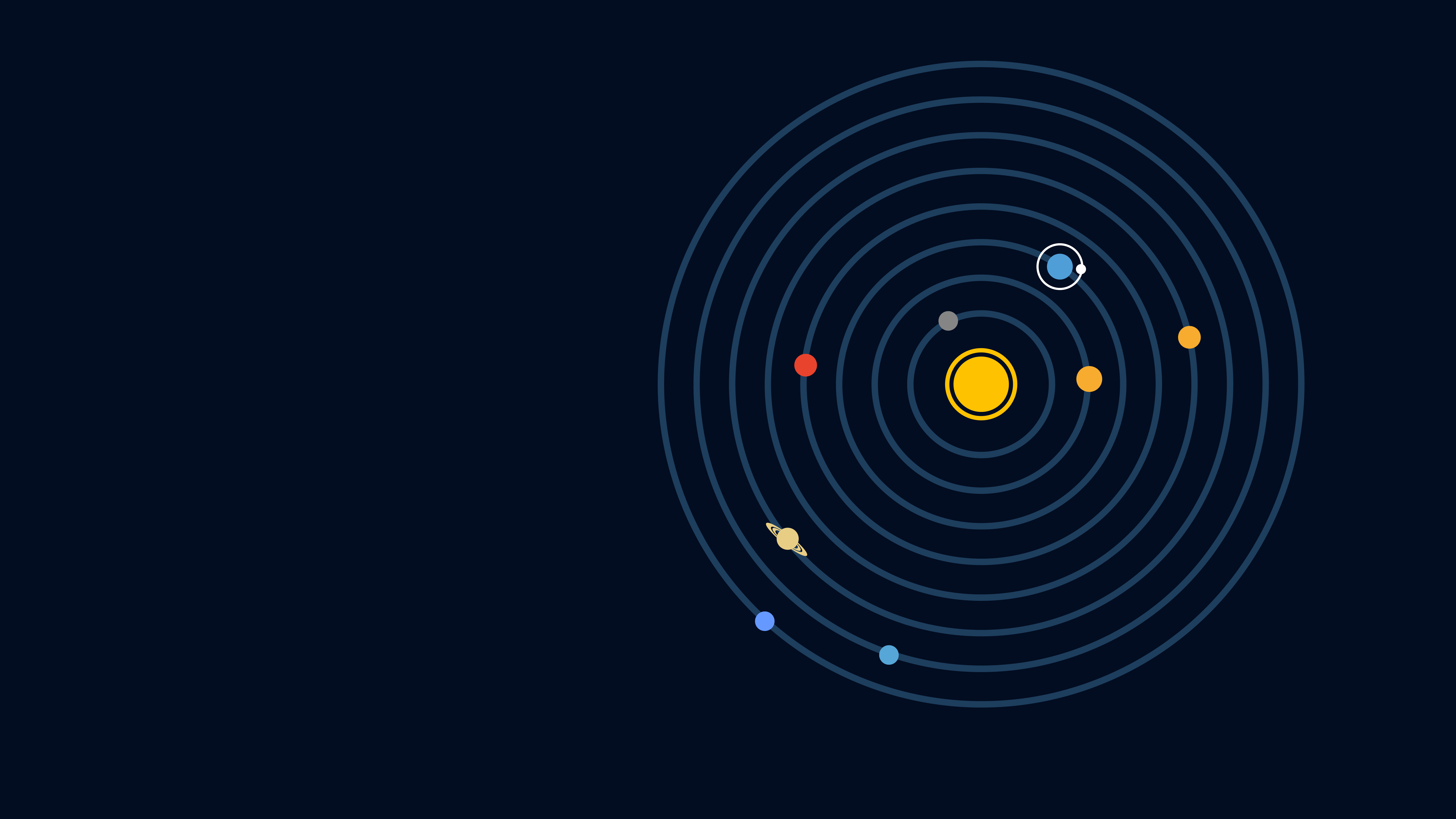 Minimalist solar system illustration with colorful planets orbiting a yellow sun on a dark blue background representing Kopernikus themes.