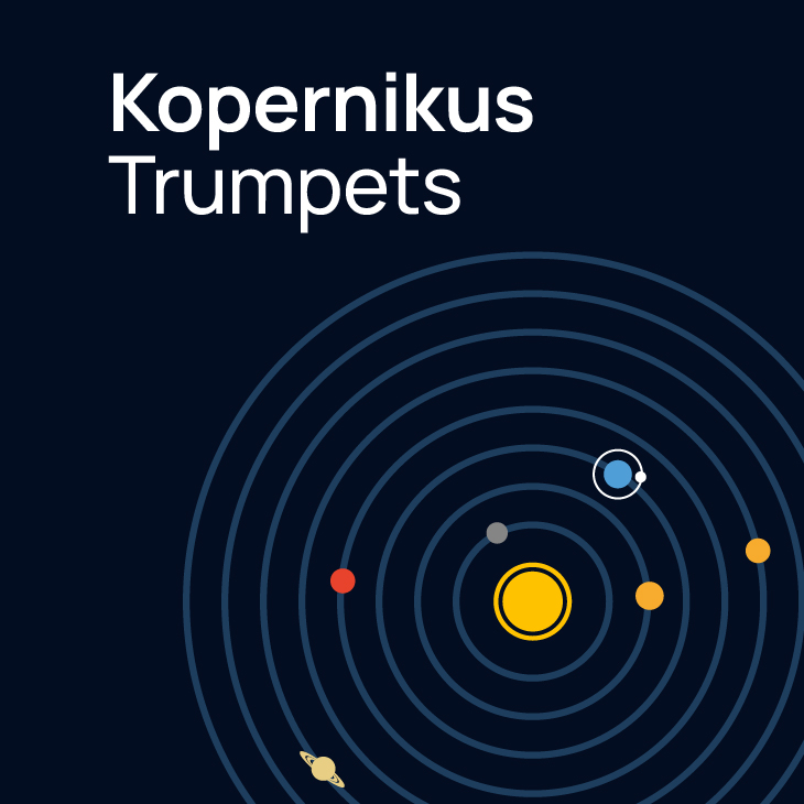Kopernikus Trumpets logo with solar system illustration: yellow sun, orbiting planets (red, grey, orange, light blue with white moon, striped yellow), and concentric orbital lines on a dark blue background.