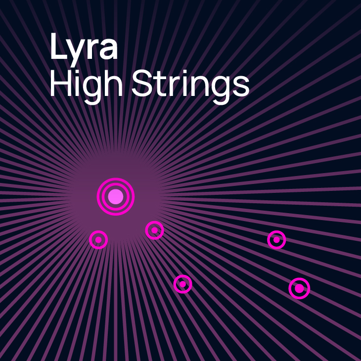 Abstract dark background with radiating purple and pink lines, featuring the white text Lyra High Strings at the top left and several pink concentric circles.