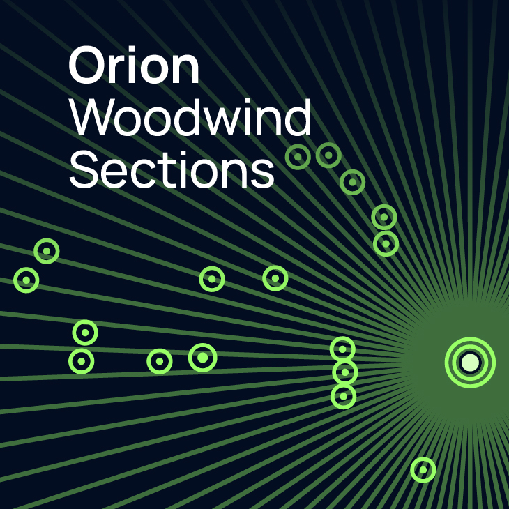 Orion Woodwind Sections title with green radiating lines and circles on a dark background, representing musical elements or connections.