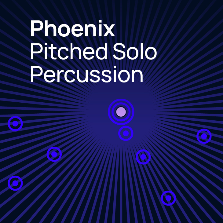 Phoenix Pitched Solo Percussion album cover, dark blue background with radiating light blue lines, and concentric circles in various sizes representing musical notes.