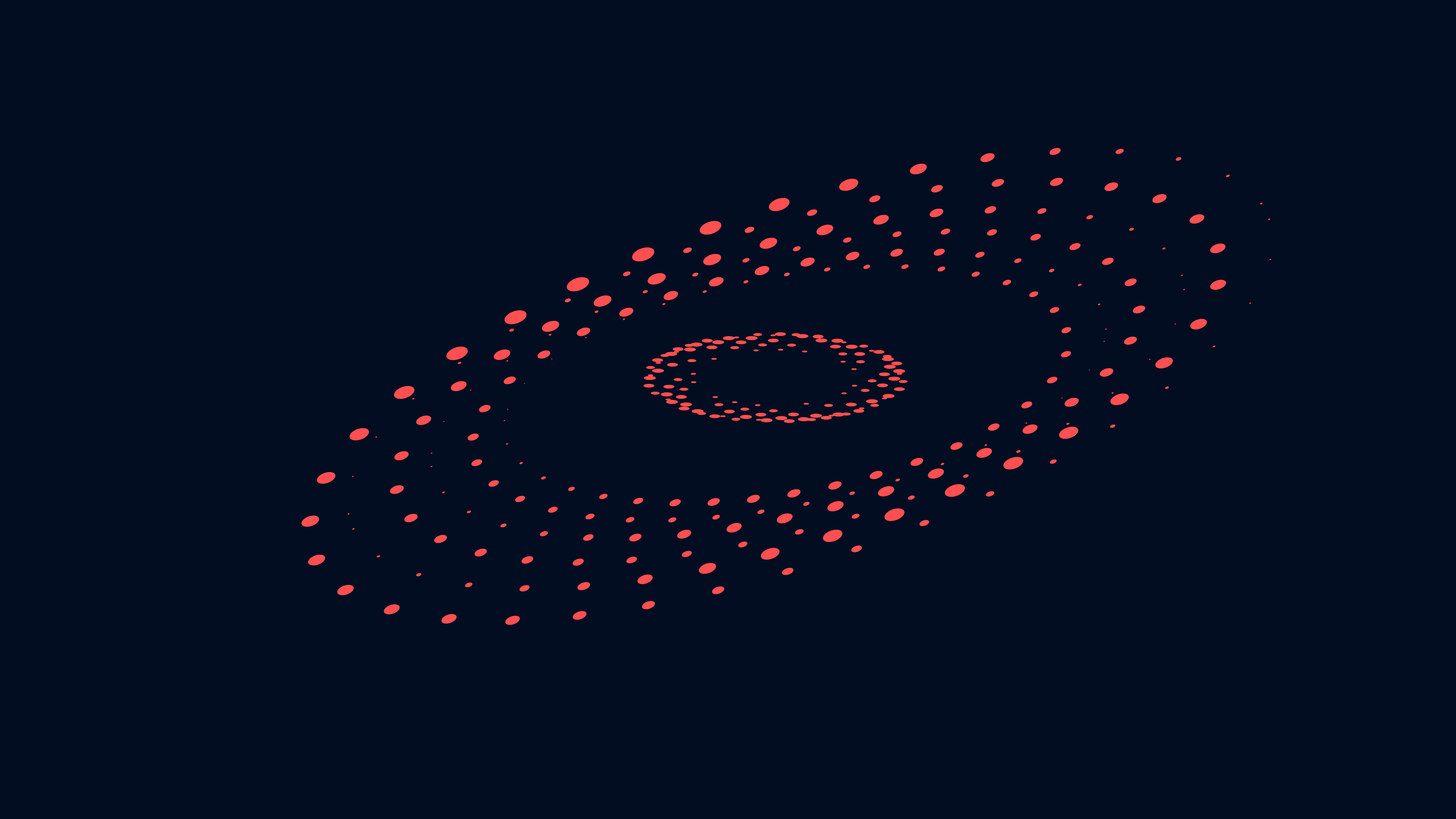Abstract dark blue background with concentric elliptical rings of vibrant red dots, resembling sound waves or a pulsar, ideal for album art.