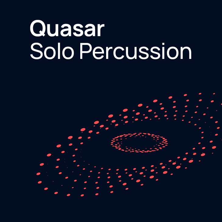 Quasar Solo Percussion album artwork featuring white text against a dark blue background with red, swirling dots forming abstract rings, reminiscent of a record or galaxy.