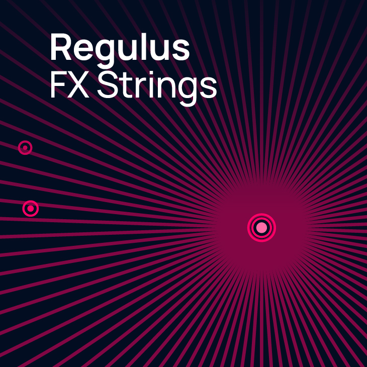 Regulus FX Strings logo with magenta rays emanating from a target symbol against a dark background, featuring two small target icons on the left.