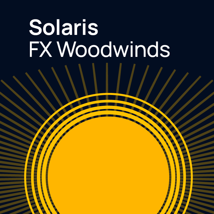 Solaris FX Woodwinds logo featuring a yellow sun with radiating lines on a dark blue background.
