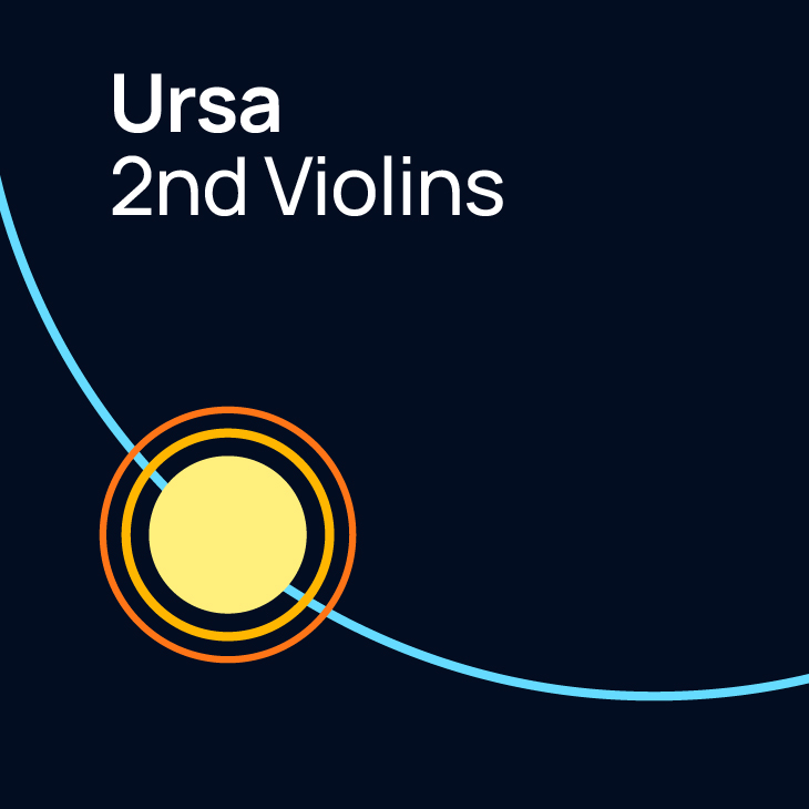 Black background with white text Ursa 2nd Violins, a yellow circle with orange rings, and a light blue curved line.