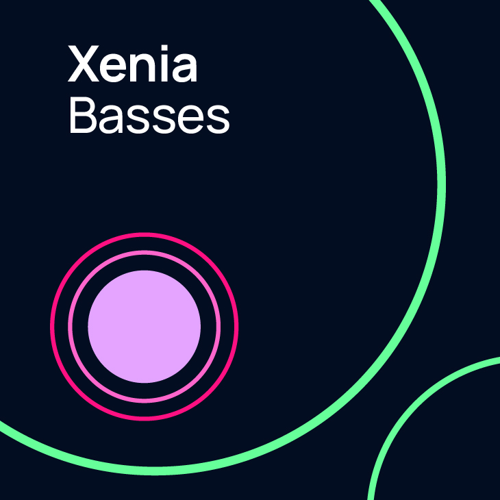 Digital music album cover for Xenia Basses, featuring white text Xenia Basses, a pink and red concentric circle icon, and green curved lines on a dark blue background.