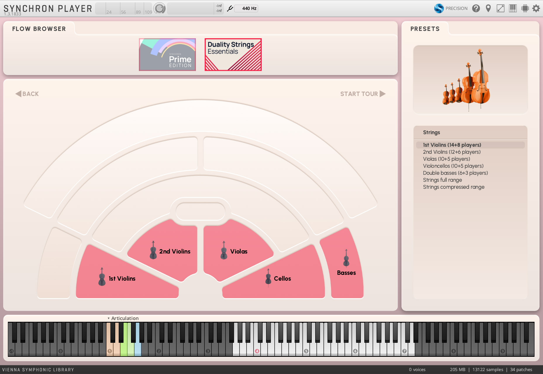 Vienna Symphonic Library Synchron Player user interface displaying string section options, presets, and a virtual keyboard.