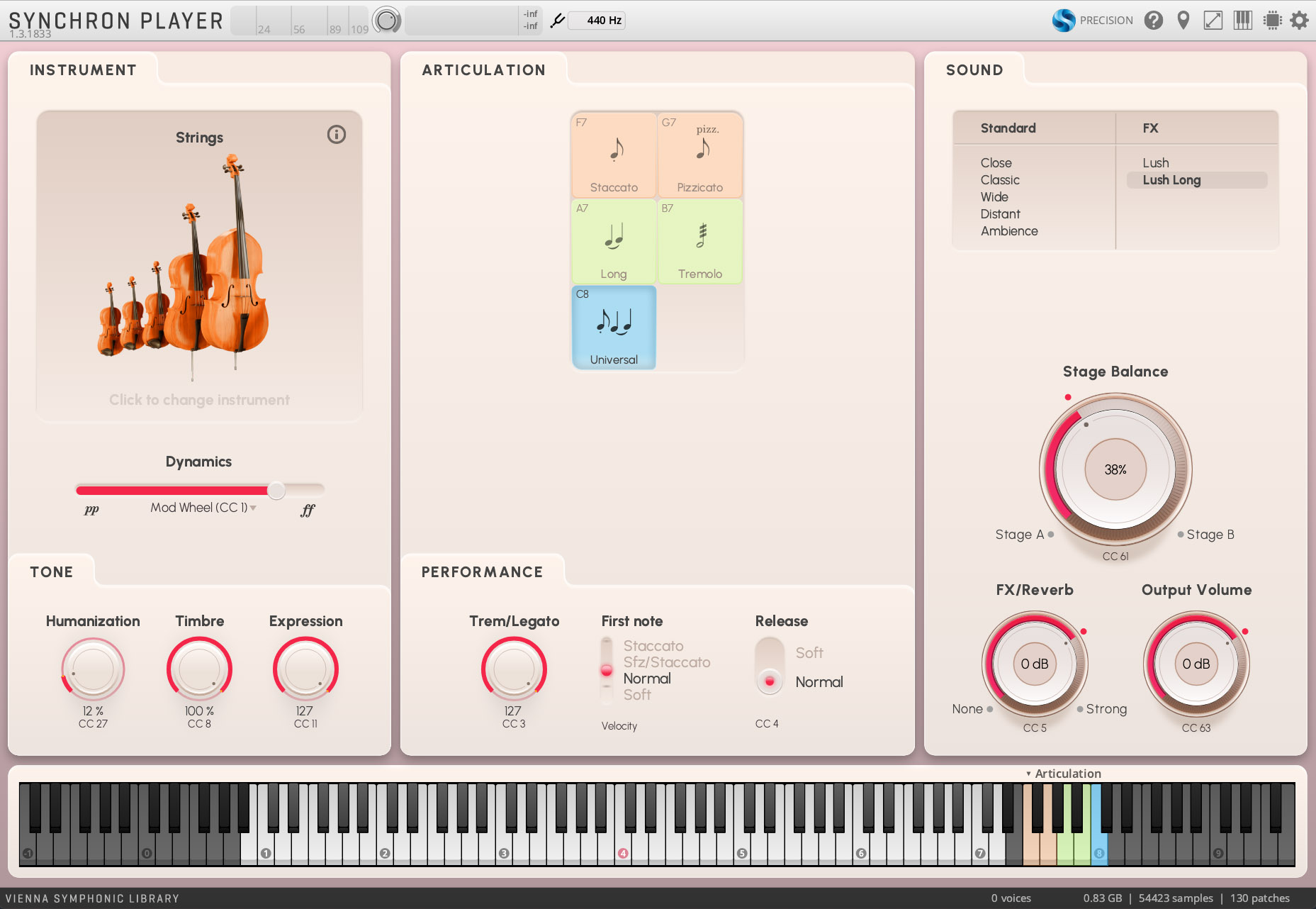 Screenshot of the Vienna Symphonic Library Synchron Player software interface, displaying controls for instrument selection (strings like violins and cellos), articulation types (staccato, pizzicato, long, tremolo, universal), sound characteristics (standard, FX, stage balance), tone adjustments (humanization, timbre, expression), performance parameters (tremolo/legato, first note, release), reverb, and output volume, with a virtual keyboard at the bottom.