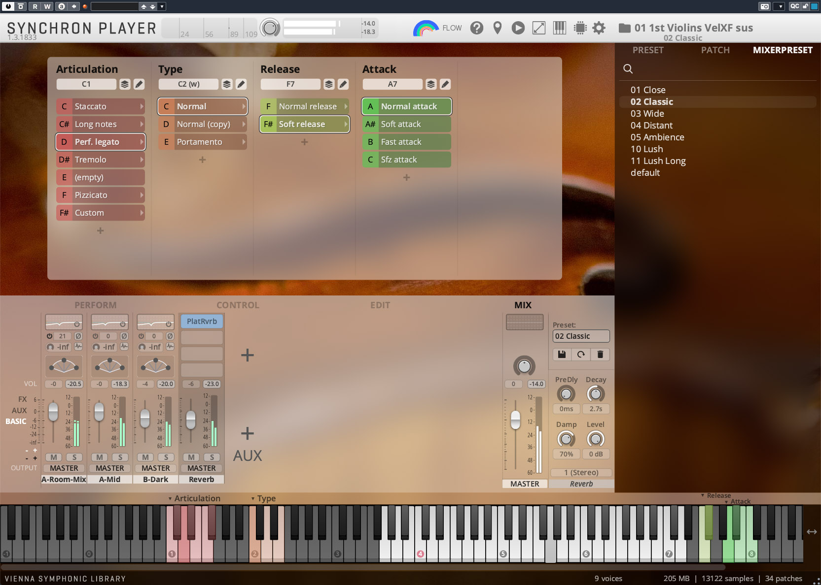 A screenshot of the SYNCHRON PLAYER software with various controls for sound articulation, type, release, and attack, also showing performance, control, and mix settings, all with a virtual keyboard at the bottom.