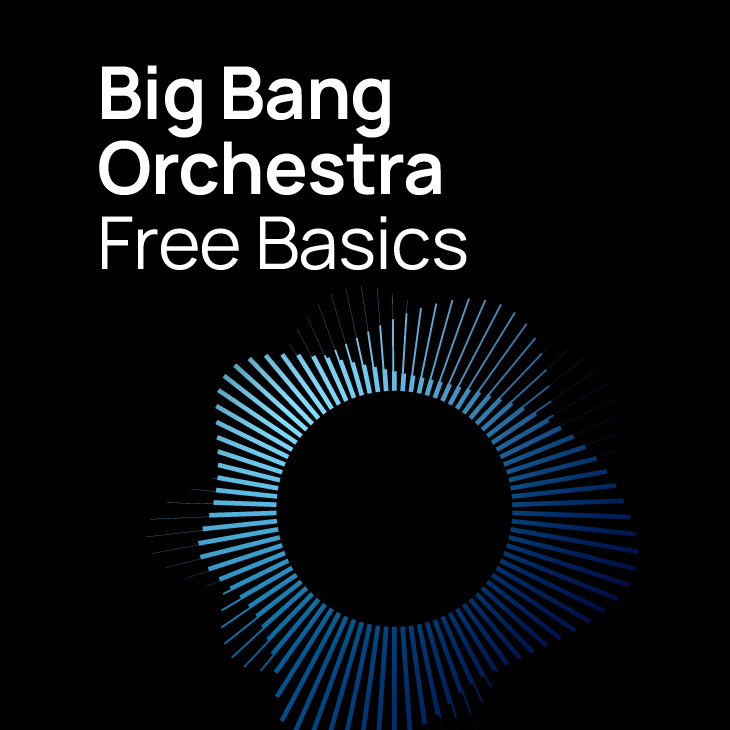 Big Bang Orchestra Free Basics album cover featuring white text over a black background with a blue and black circular graphic that resembles a sound equalizer display.