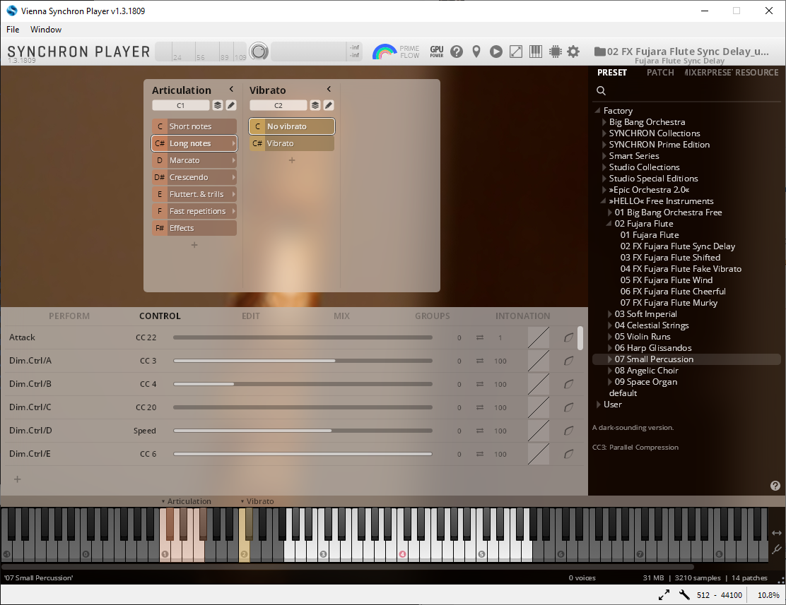 Vienna Synchron Player software interface showing sound settings for articulation, vibrato, and instrument selection, with Small Percussion active.