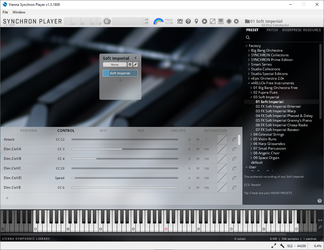 Screenshot of the Vienna Synchron Player software interface, displaying piano virtual instrument controls, preset library 01 Soft Imperial selected, MIDI keyboard, and performance parameters.