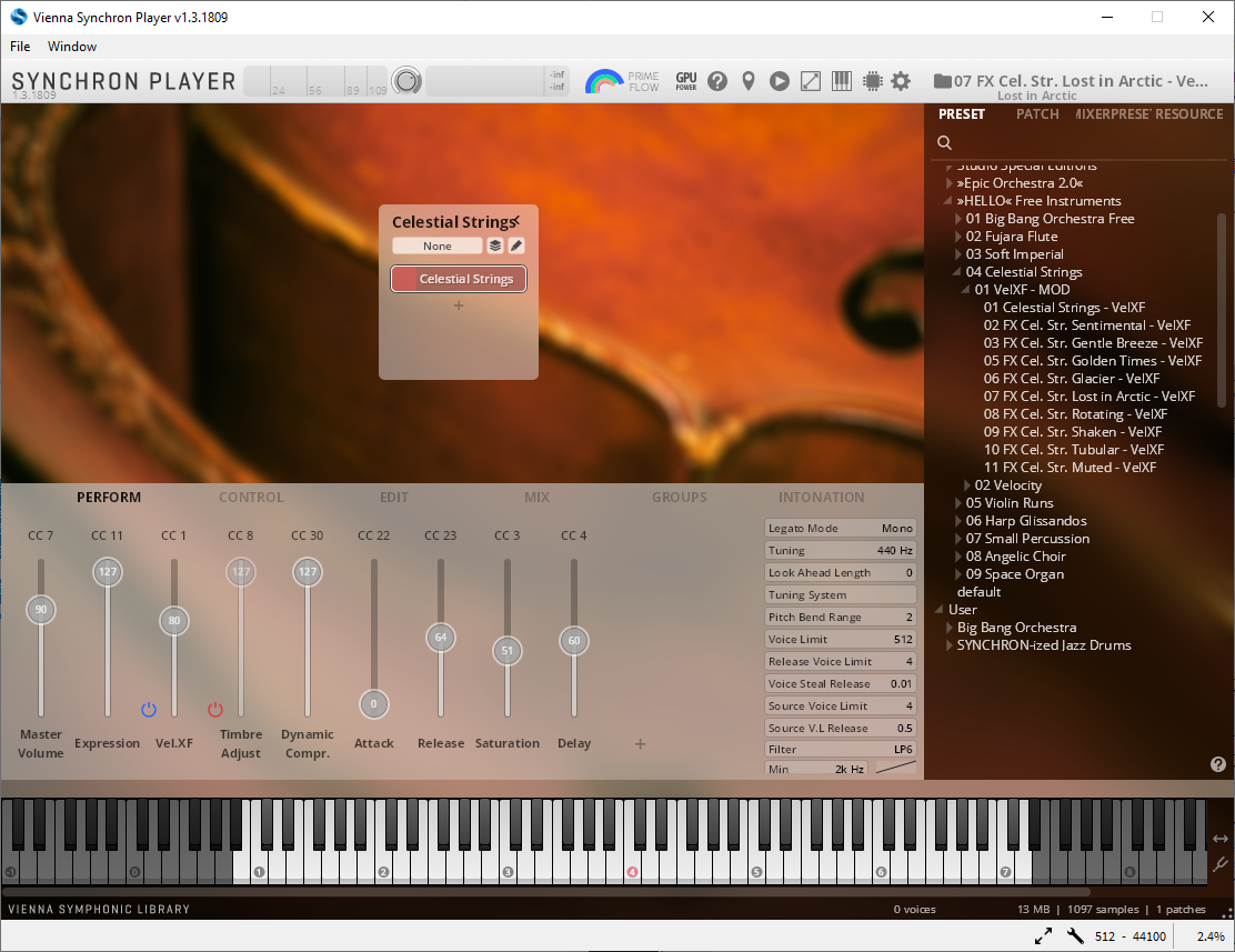 Vienna Synchron Player software interface with Celestial Strings selected, displaying music production controls, sound presets, and a virtual piano keyboard.