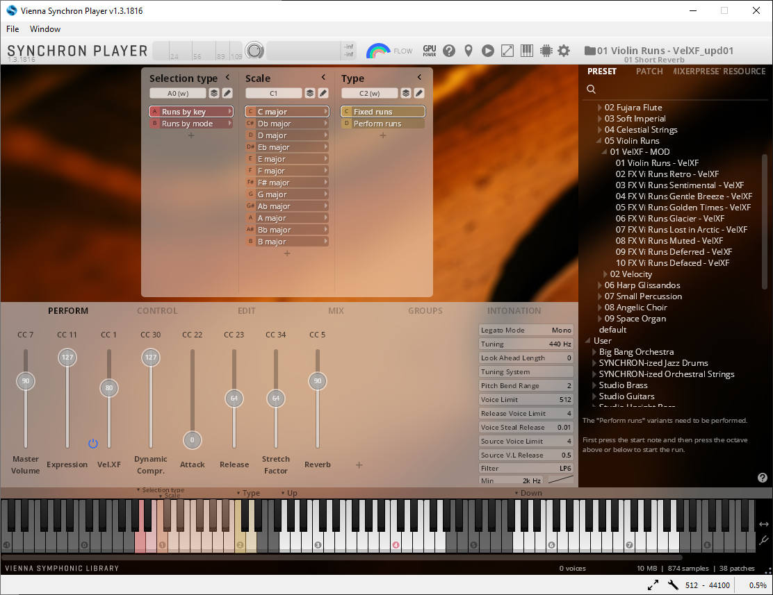 Vienna Synchron Player software interface showing music parameters, audio controls, and an on-screen keyboard for virtual instruments.