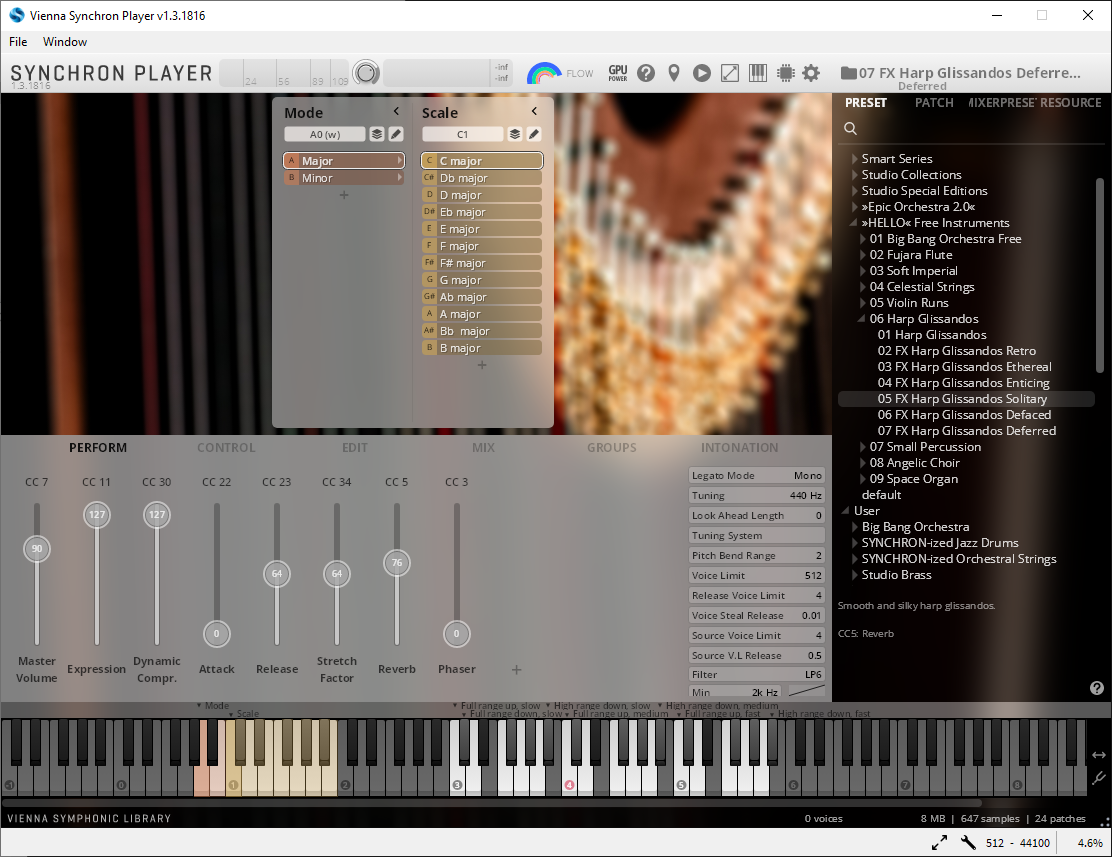 Vienna Synchron Player 1.3.1816 software interface displaying extensive settings for instrument selection, sound adjustment, effects editing, and presets.