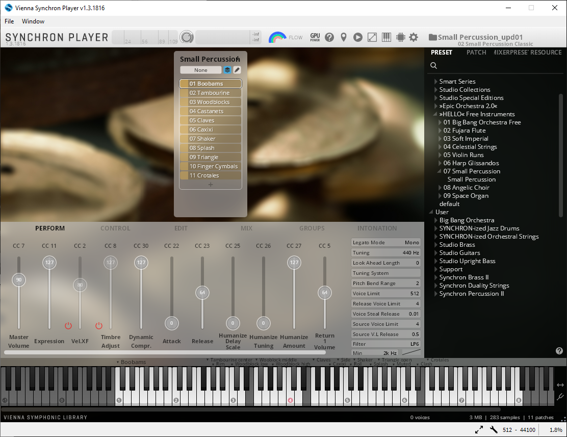 Vienna Synchron Player software interface showing Small Percussion instrument selection and sound controls.