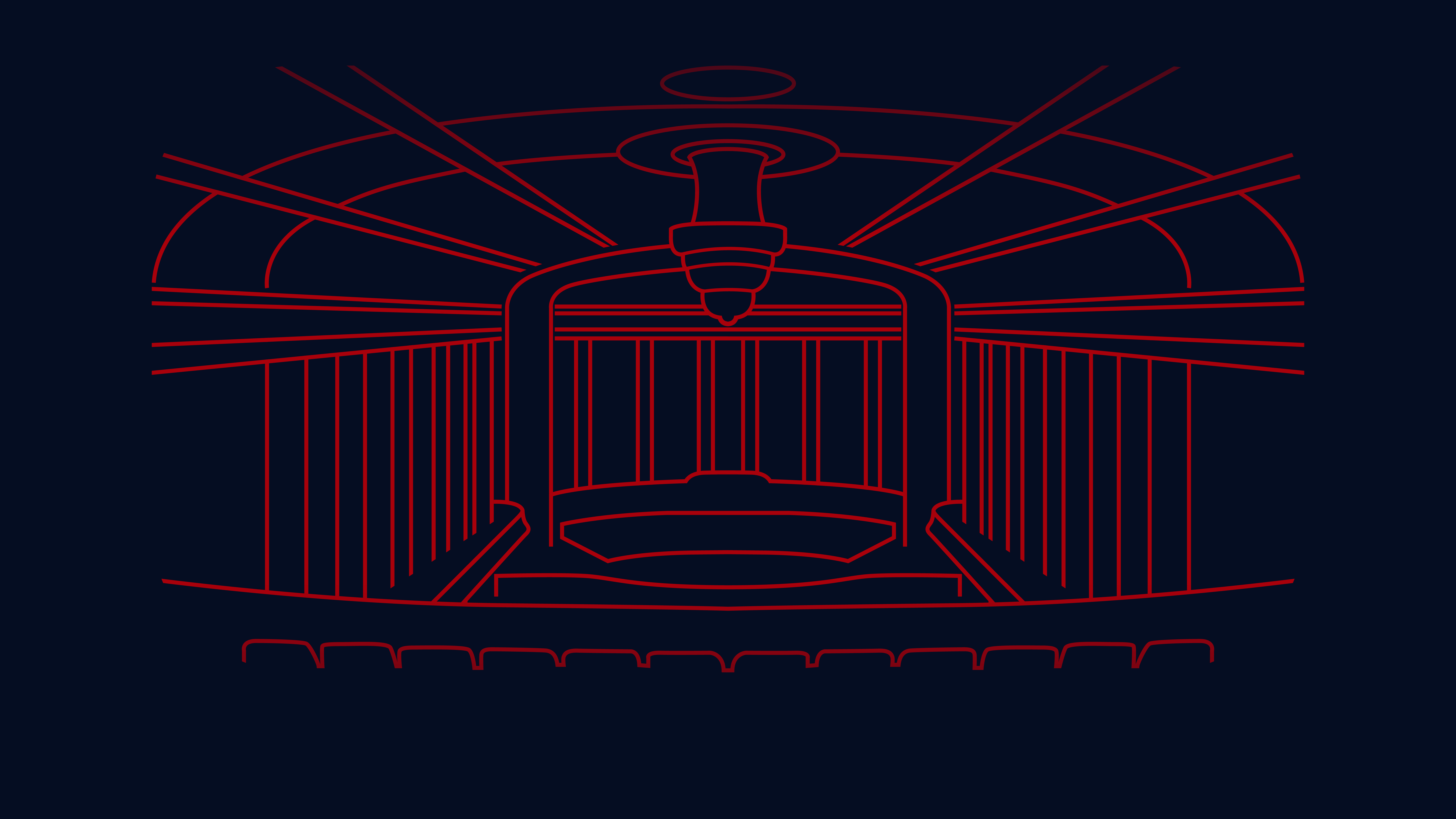 Red outline illustration of the Vienna Konzerthaus interior for MIR 3D RoomPack 1, showing an orchestra stage, audience seating, and ceiling chandelier on a dark background.