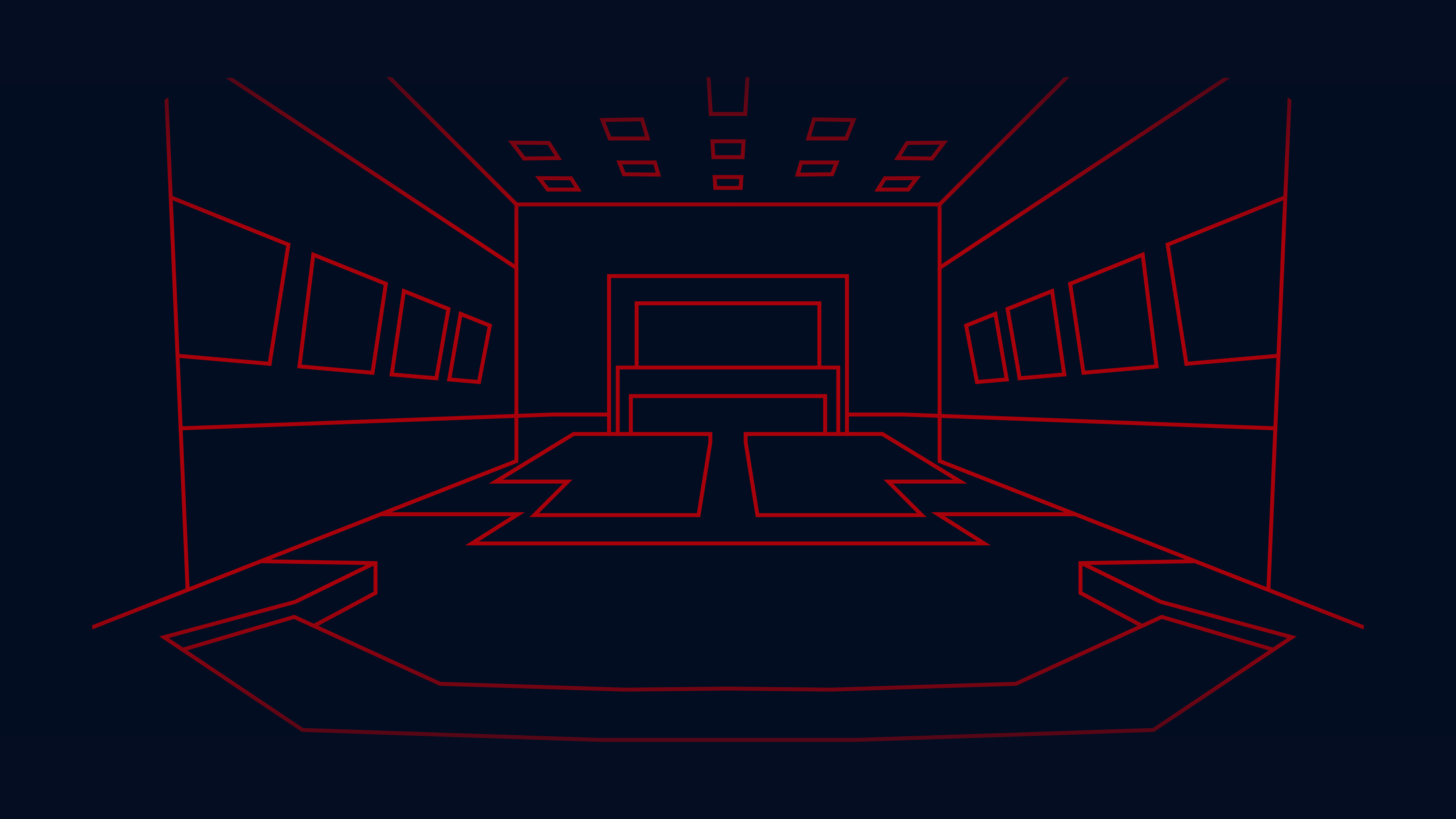 3D wireframe rendering of a minimalist studio or stage interior with red lines on a dark background, representing an acoustic environment from the MIR 3D RoomPack 2.