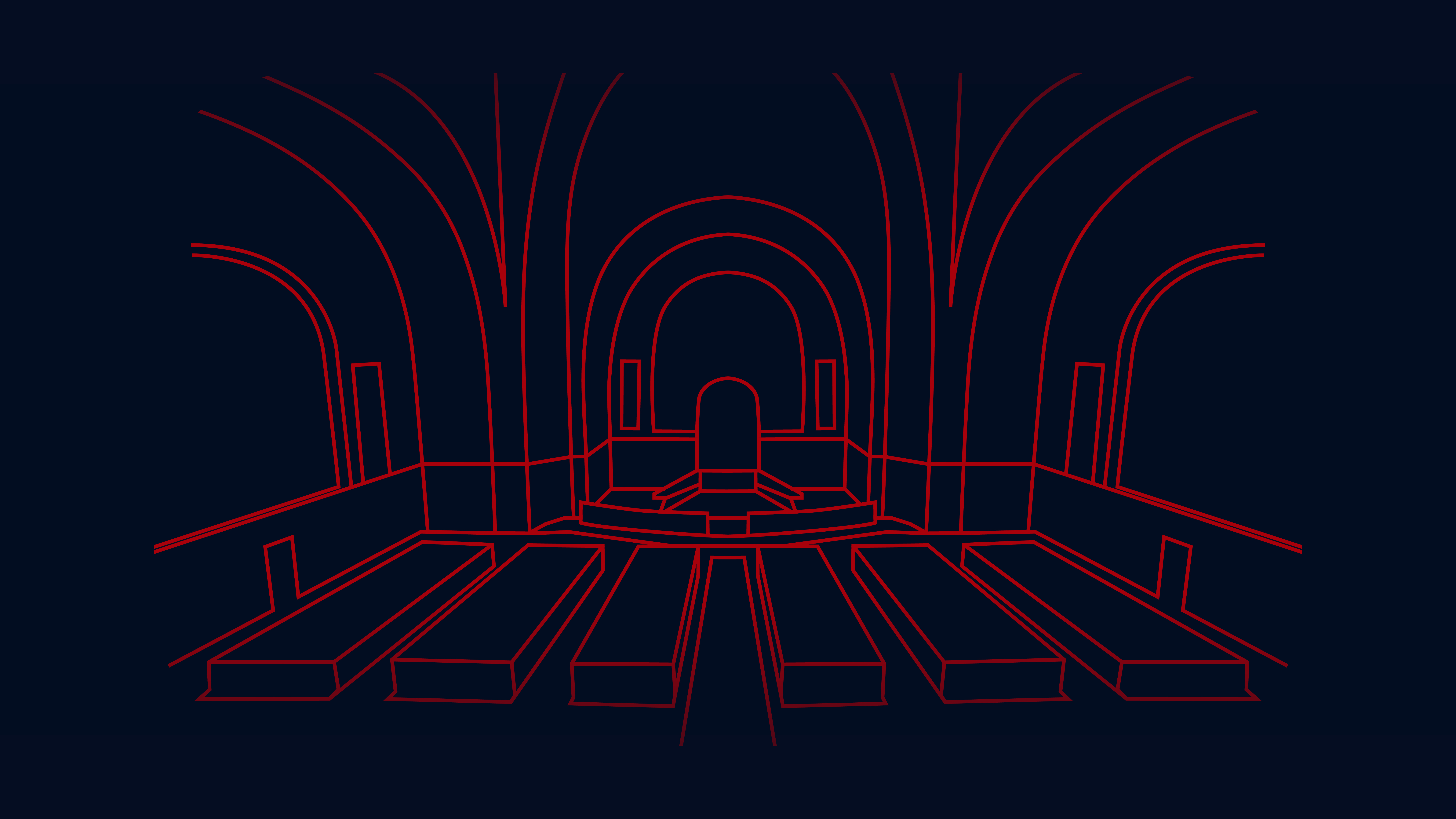 Red wireframe outline of a large, mysterious 3D room with arched ceilings, columns, and rows of empty benches, set against a dark blue background.