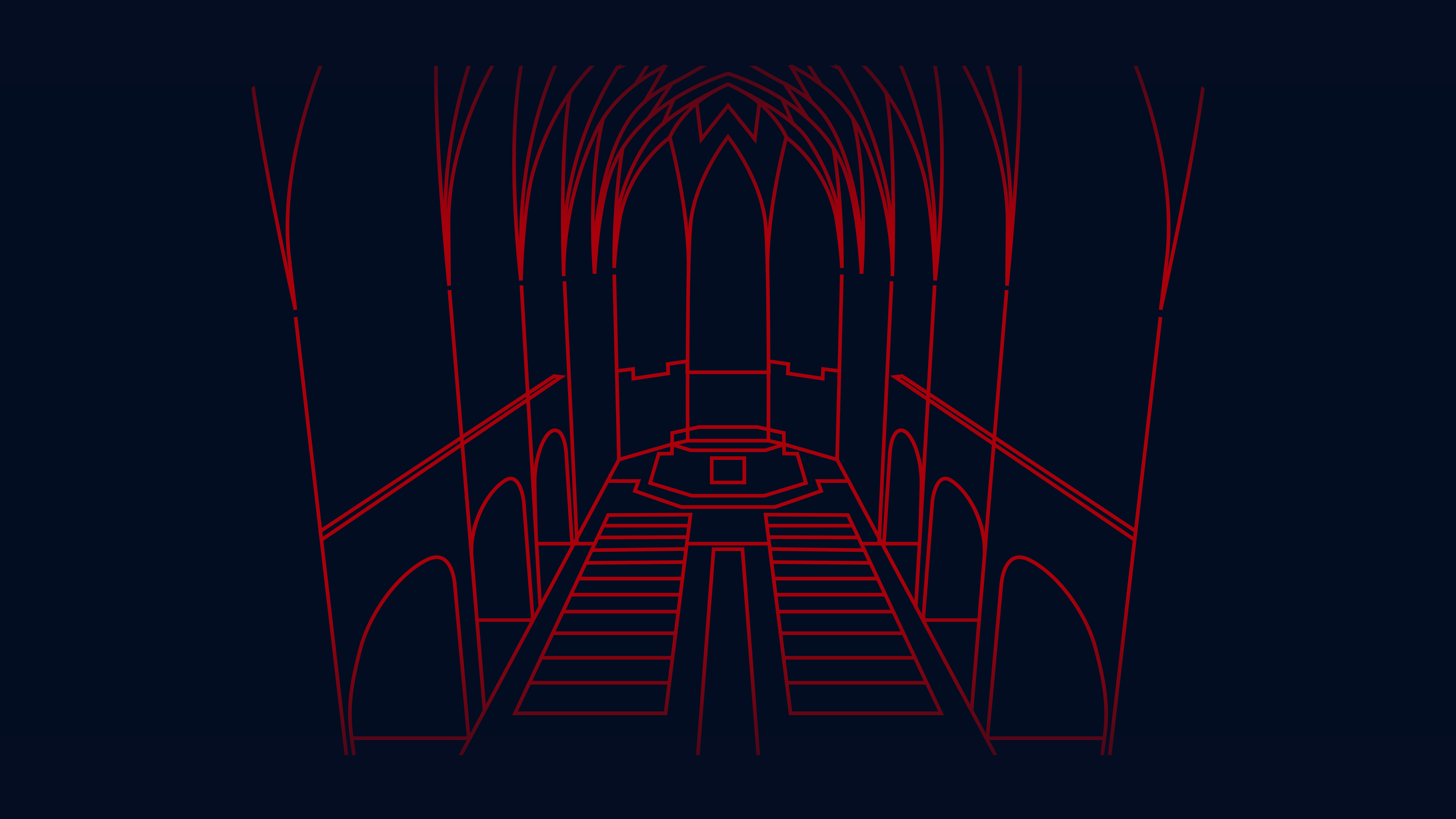 Red line illustration of a large monastic hall with arched ceilings and a central altar, representing the Pernegg Monastery for MIR 3D RoomPack 5.