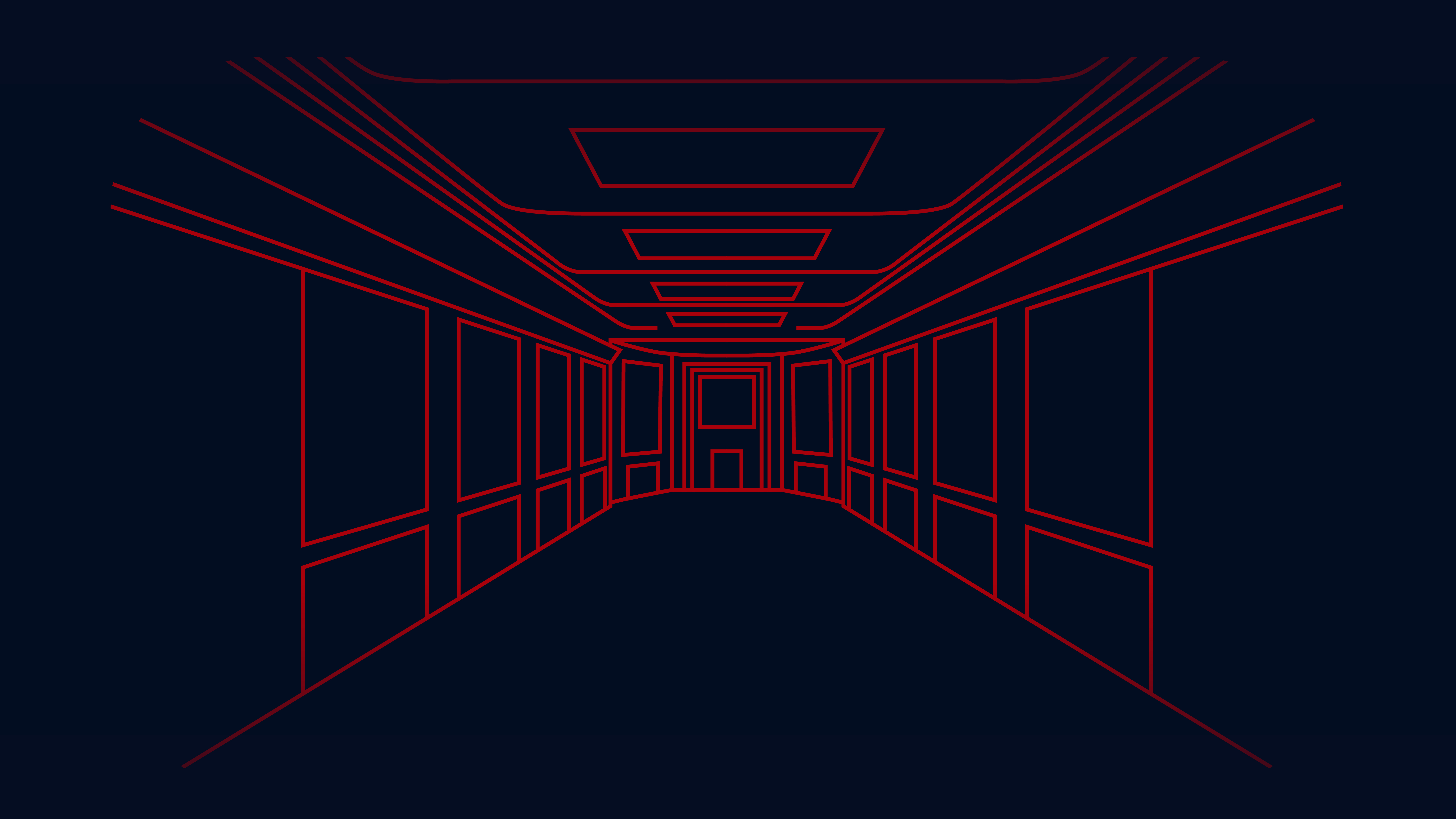 Red wireframe outline of a virtual 3D room, showing depth and perspective against a dark blue background.