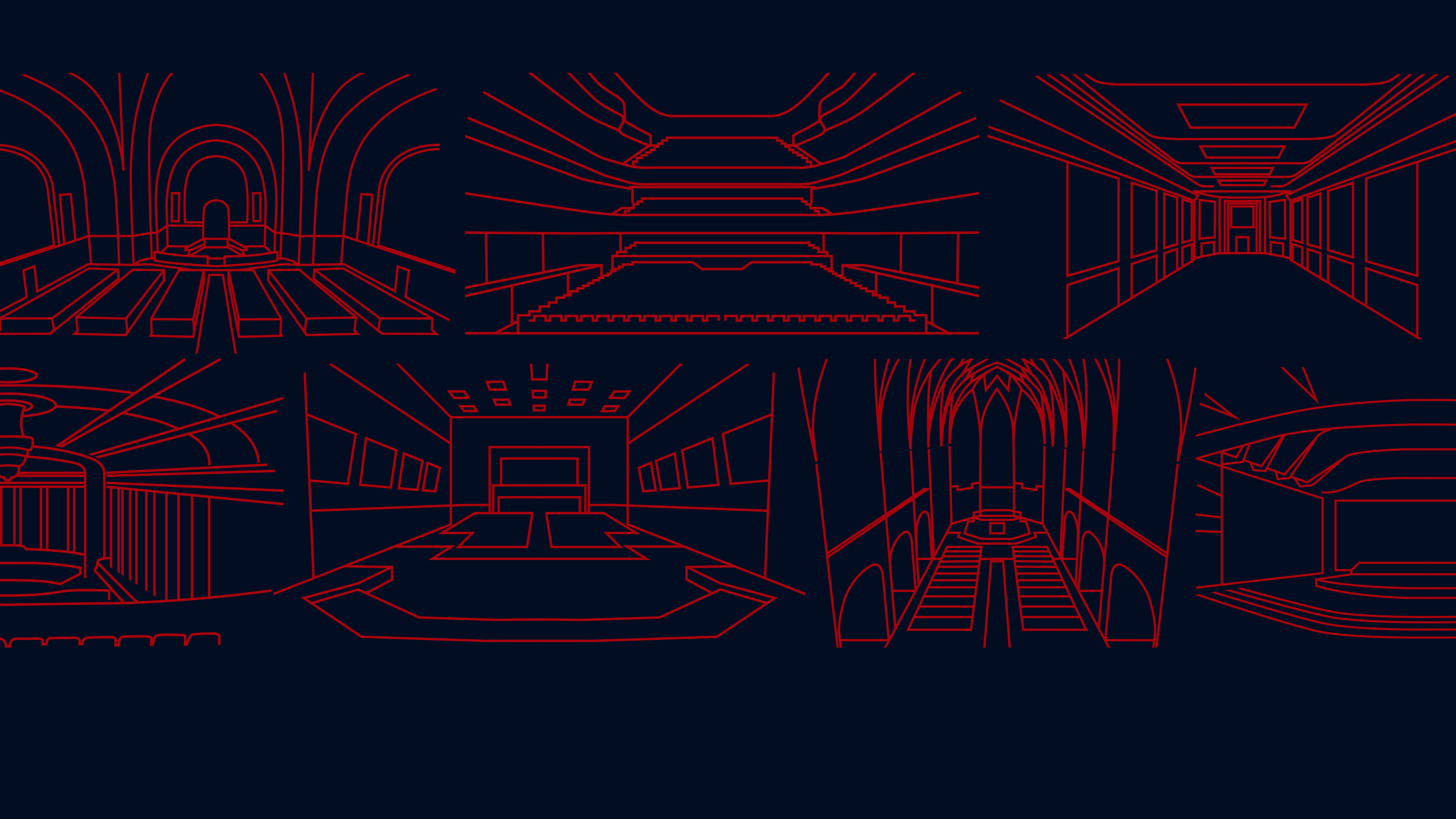 Red outline drawings of six unique 3D room environments from the MIR 3D RoomPack Bundle, including a gothic cathedral, modern auditorium, futuristic hall, and stage designs.