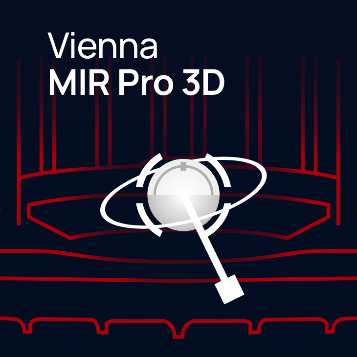 Vienna MIR Pro 3D software logo featuring an abstract globe with orbiting rings and a pointer, set against a dark background with red architectural outlines.