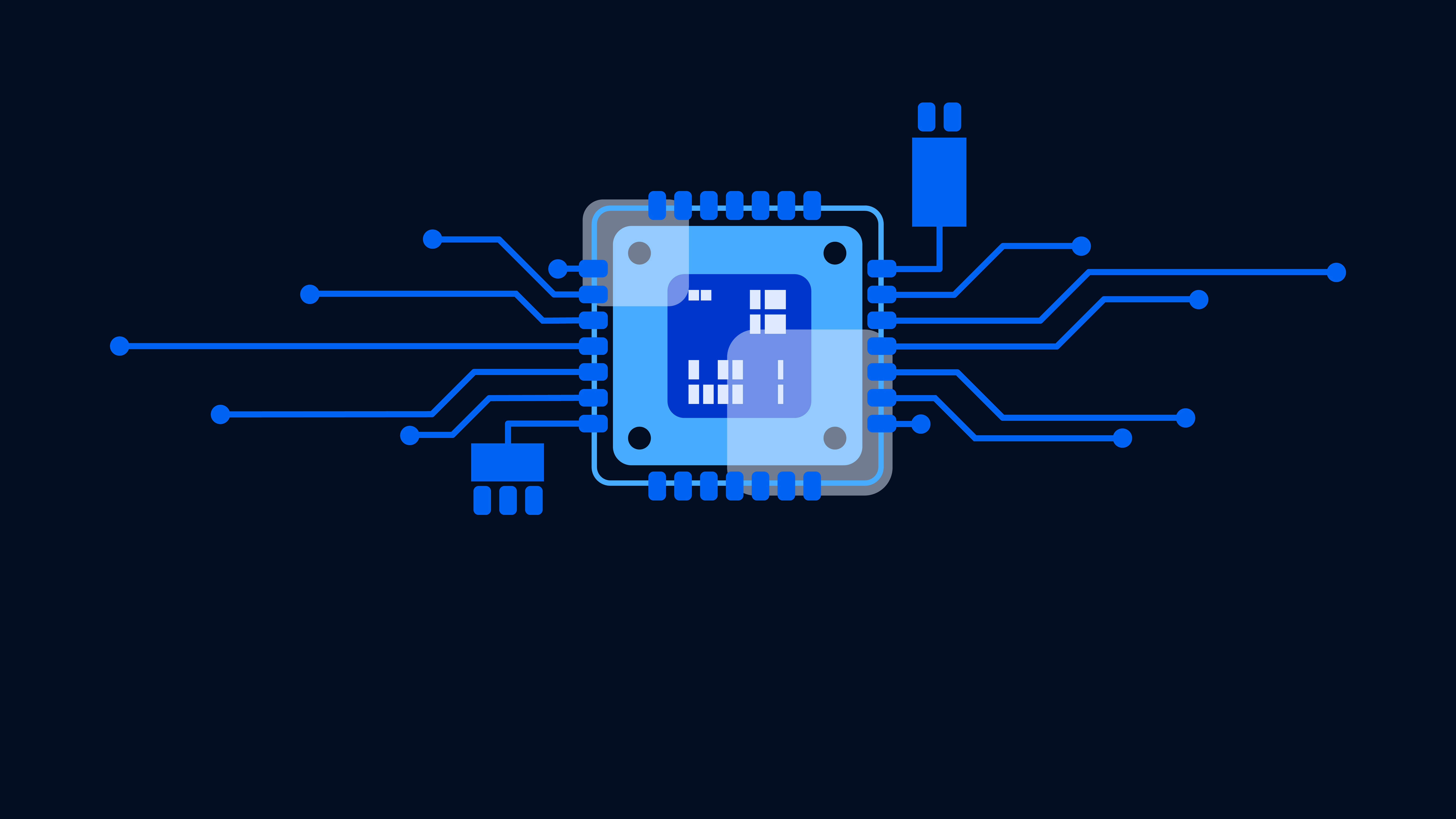 A blue computer chip or CPU with light blue internal components, surrounded by blue circuit lines connecting to various points on a dark blue background.