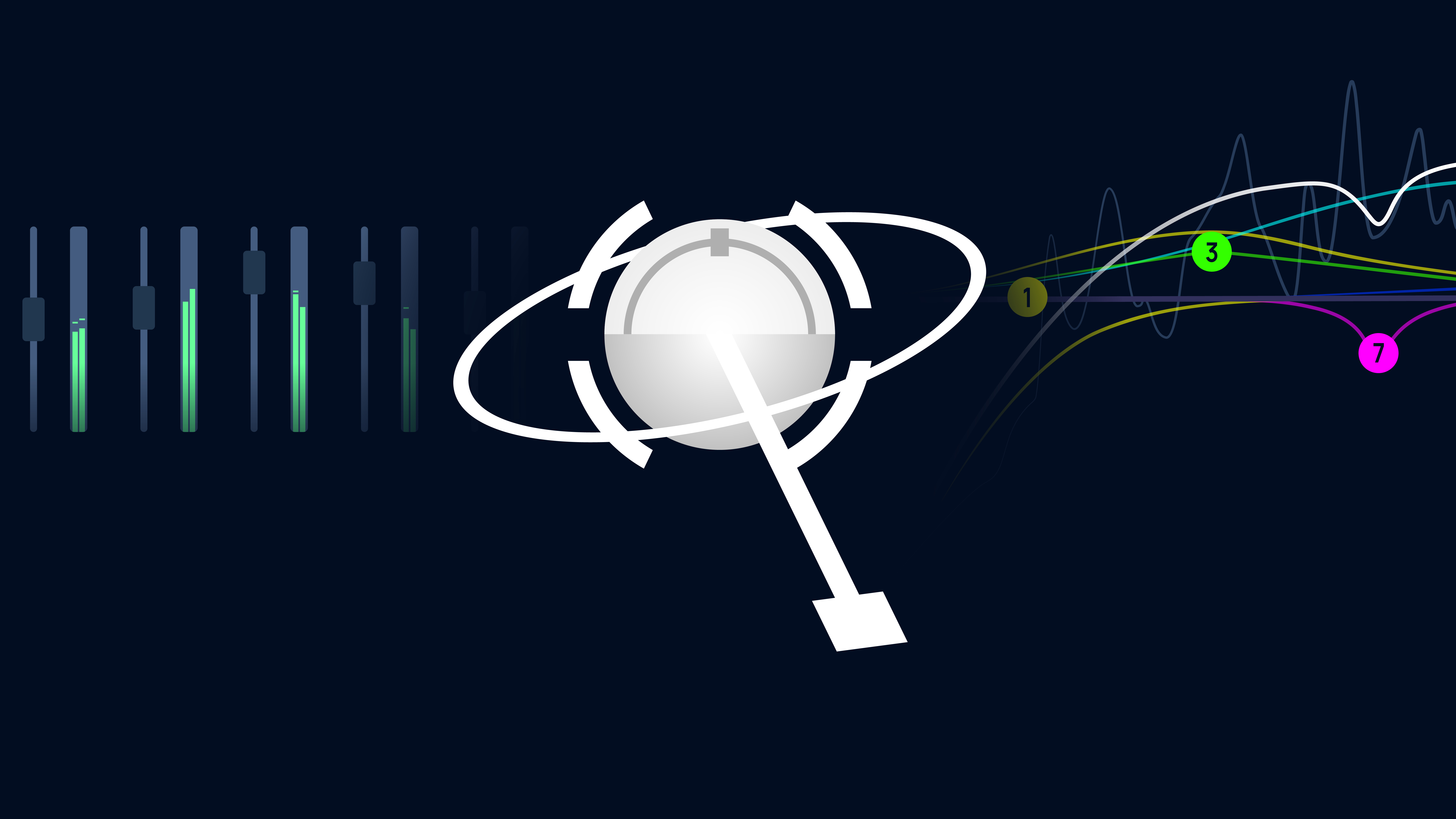 Vienna Software Package visual: audio mixing console faders, abstract data symbol, sound wave graphs, and numbered data points, illustrating audio processing capabilities.