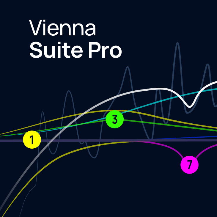 Vienna Suite Pro graphic with white text on a dark background and a vibrant multi-colored line graph featuring data points 1, 3, and 7 highlighting specific elements of the software