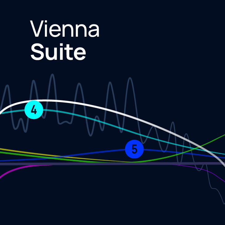 Vienna Suite text with colorful data lines and numerical points on a dark background, illustrating complex data analysis or software interface.