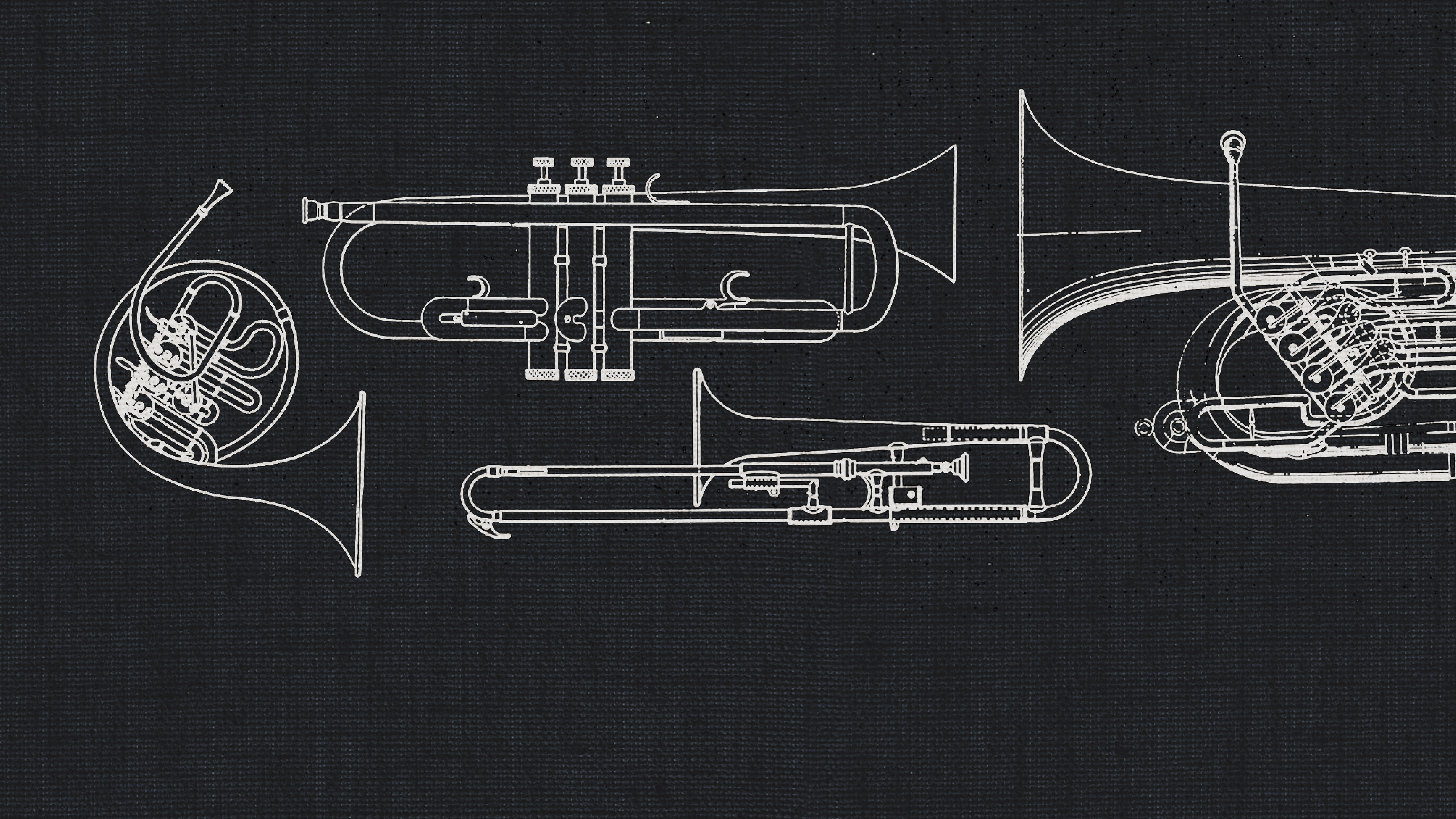 Detailed white line art blueprints of a French horn, trumpet, trombone, and tuba on a dark grey textured background, representing a dry recording studio brass instrument bundle.