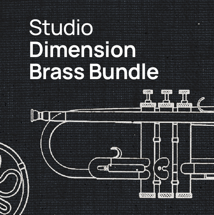 Studio Dimension Brass Bundle text overlaying brass instrument blueprint on a dark textured background.