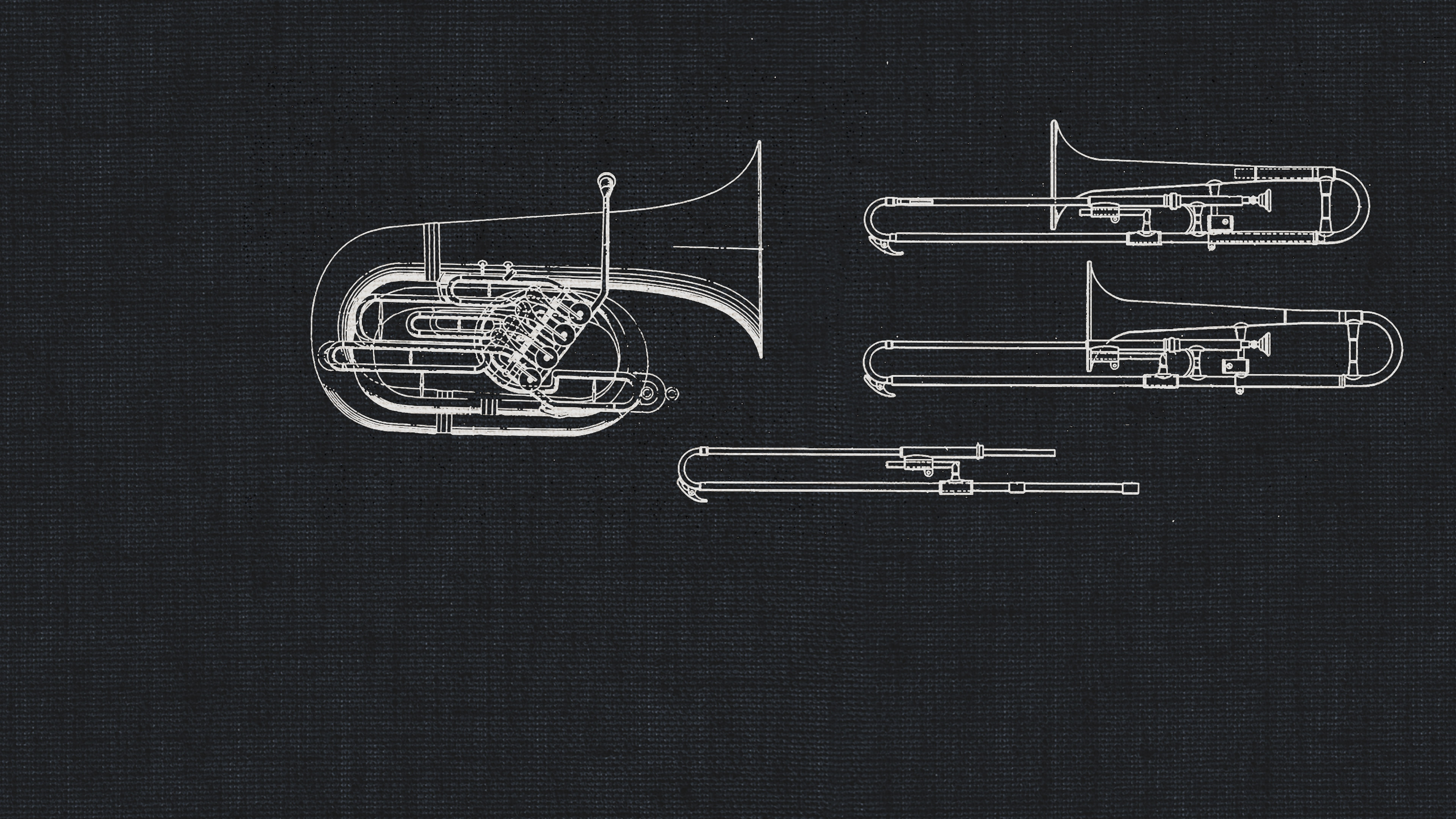 Blueprint style line art on a dark gray textured background, showing a tuba and three trombones, illustrating brass instruments for Dimension Brass II dry recording studio.