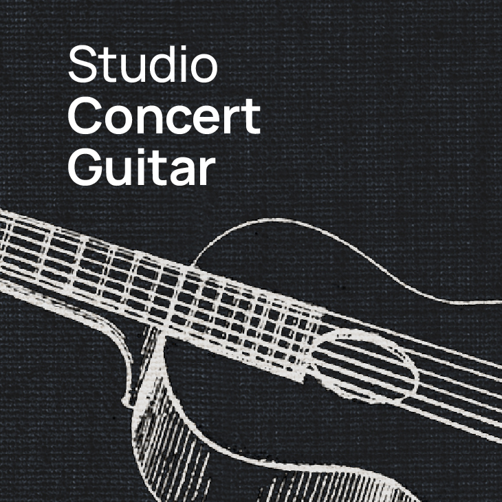 Studio Concert Guitar title on a dark background with a white outline drawing of a guitar neck and sound hole