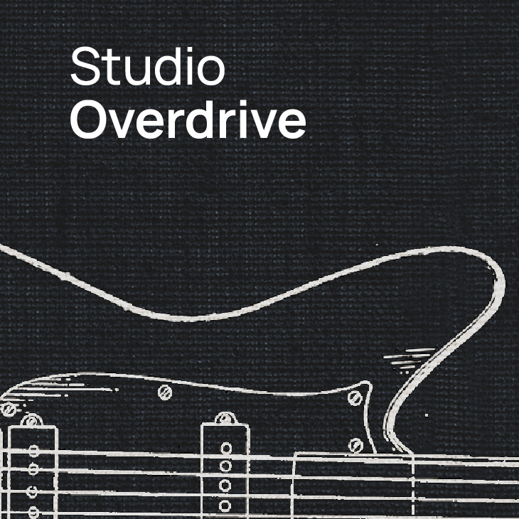 Studio Overdrive text and electric guitar outline on black background