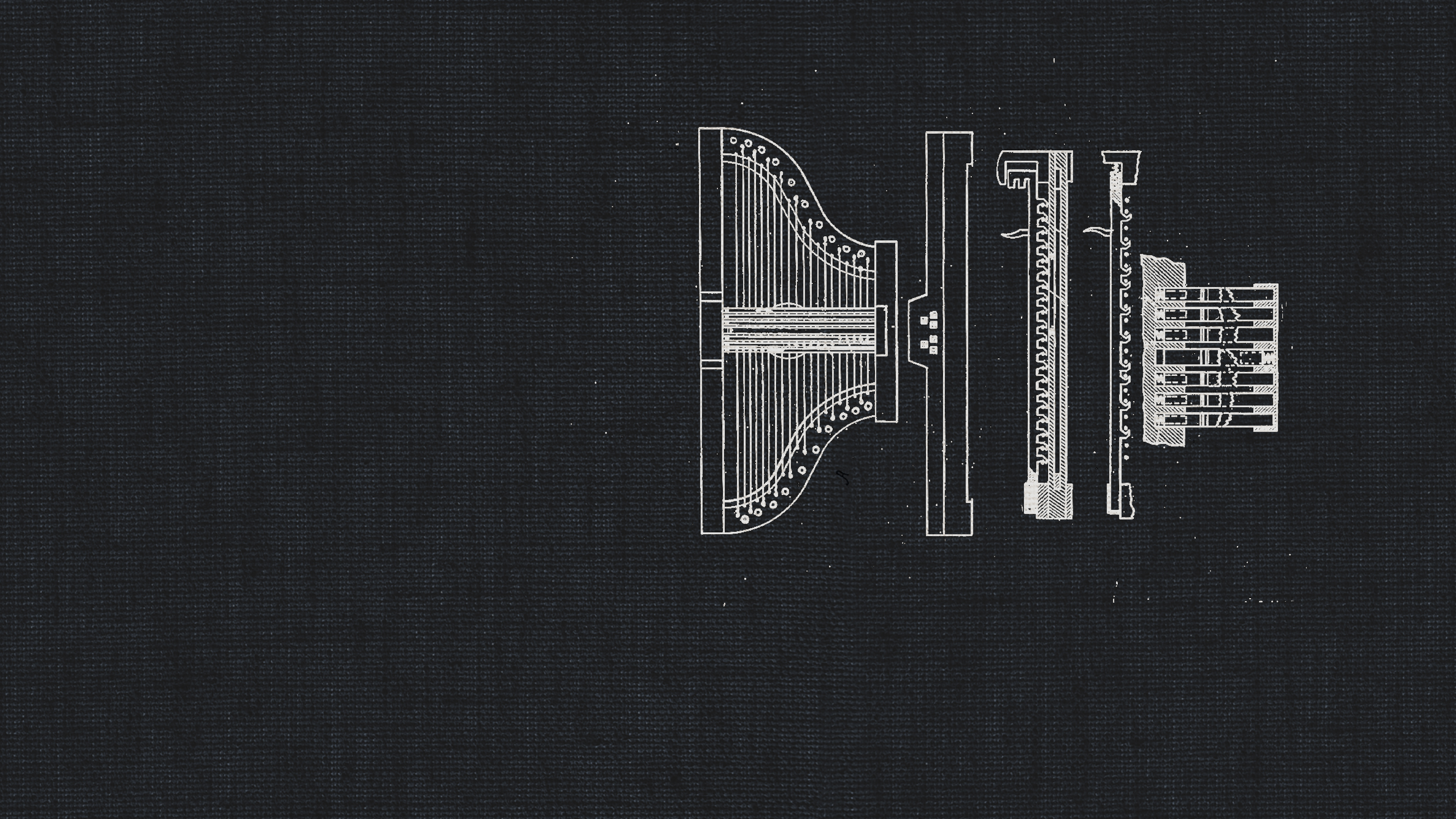 Detailed technical drawing of a harp's internal mechanics, perfect for dry recording studio harp sound libraries.